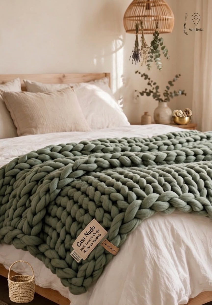 Piecera de vellón teñido en verde salvia extendida sobre una cama de dos plazas