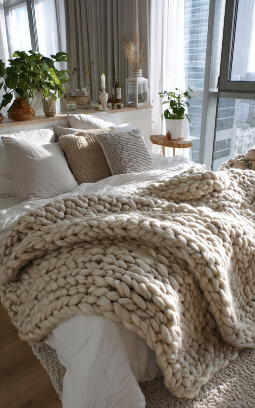 Cama vestida con una manta de lana de trenza gruesa junto a plantas y luz de ventana