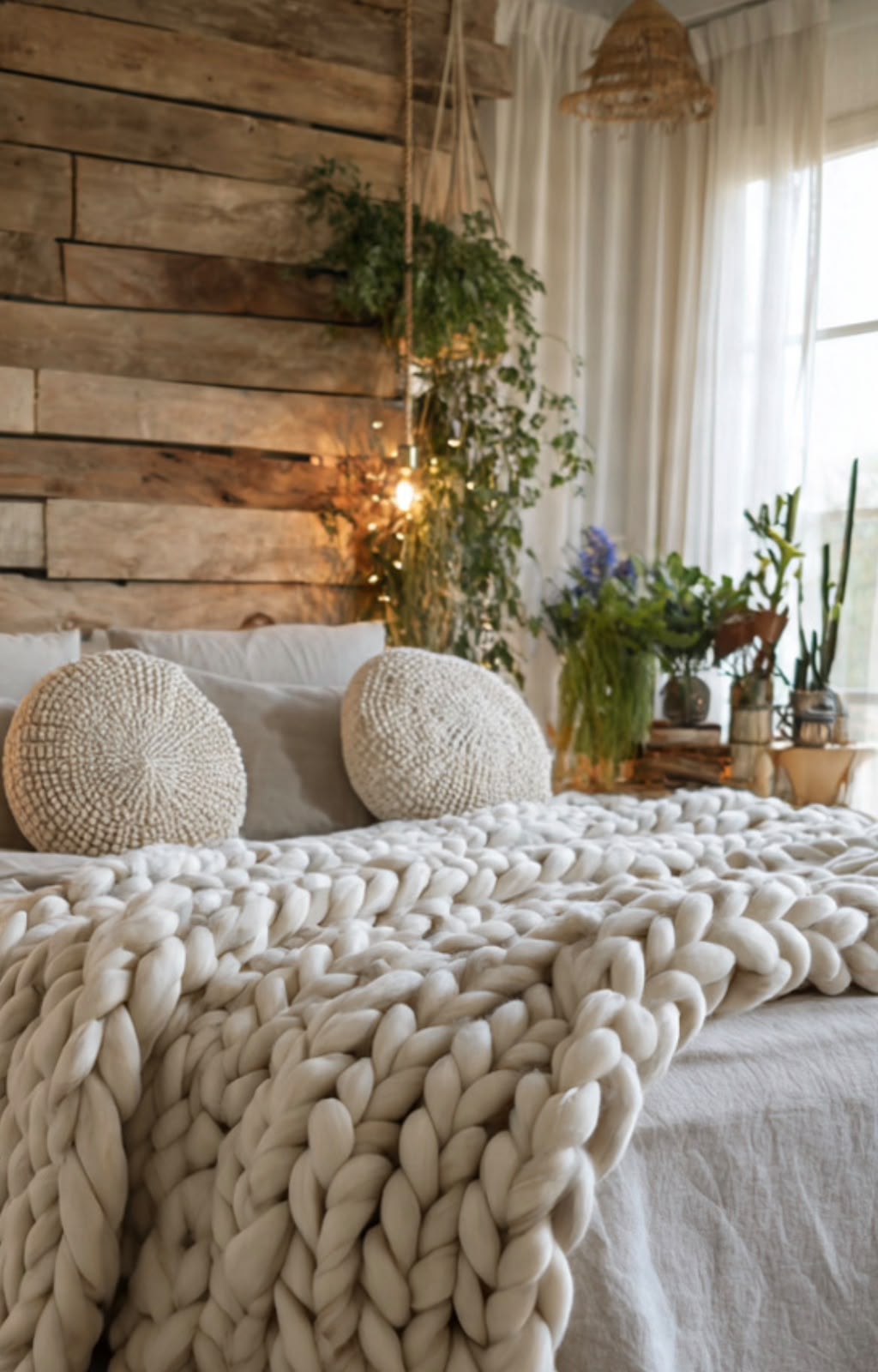Cama con cabecero de madera, cojines redondos tejidos y manta de lana natural
