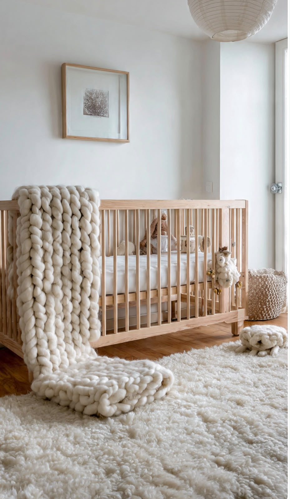 Cuna de madera con una manta de lana tejida a mano en una habitación luminosa