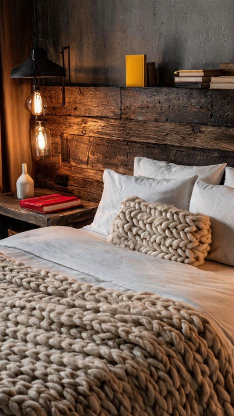 Dormitorio de ambiente cálido con manta de lana tejida y luz de ampolletas junto a un cabecero de madera